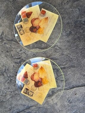 "Love Found" Glass Salad Plates Vintage Postcard Decoupage - Pfaltzgraff